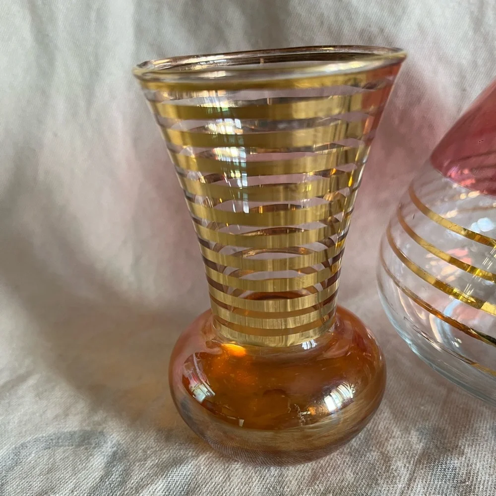 MCM decanter and small glass or bud vase. Beautiful gold and pink.  Compliment - Picture 3 of 10